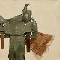 Original oil painting of an olive-green western saddle with hanging stirrup leathers and a folded sienna bandana with a diamond pattern, on a cream ground, heavy palette-knife texture.