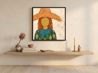 Lady in a Pumpkin Hat Wall Art — Original Palette-Knife Oil, Pumpkin & Teal — original hand-painted oil shown on the wall in a styled room