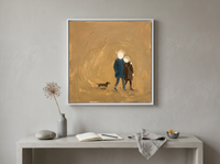 Couple Walking Away Wall Art — Original Palette-Knife Oil, Teal & Ochre — original hand-painted oil shown on the wall in a styled room