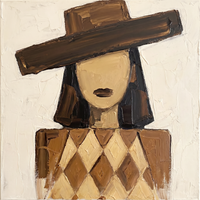 Original oil painting of a blank-faced woman in a wide tilted dark-brown hat with a single dark mouth, over brown and tan harlequin diamonds, on a cream ground