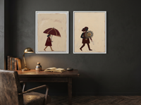 Woman with Umbrella & Woman with Bouquet — Set of 2 Original Oils, Wine & Oat — original hand-painted oil shown on the wall in a styled room