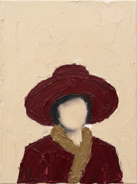 Oil painting of a woman in a deep wine wide-brim hat with a pale blank face and a wine top with a tan collar, on a cream ground.
