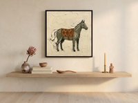 Standing Horse Wall Art — Original Palette-Knife Oil, Olive & Rust — original hand-painted oil shown on the wall in a styled room