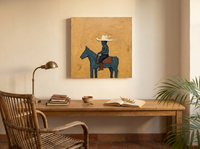 Cowboy on Horseback Wall Art — Original Palette-Knife Oil, Navy & Ochre — original hand-painted oil shown on the wall in a styled room