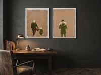 Father & Child with Shepherd — Set of 2 Original Oils, Moss & Clay — original hand-painted oil shown on the wall in a styled room