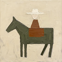 Original oil painting of a rider in a cream hat on an olive-green horse with a rust saddle blanket facing left, heavy palette-knife texture on a cream ground