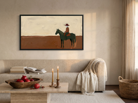 Cowboy on Horseback Wide Wall Art — Original Palette-Knife Oil, Oxblood & Olive — original hand-painted oil shown on the wall in a styled room