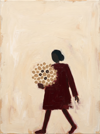 Oil painting of a man in a deep wine coat with a dark head walking to the left with a folded newspaper, a small dachshund trailing behind, on a soft oat-cream ground.