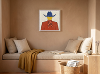 Cowboy from Behind Wall Art — Original Palette-Knife Oil, Cobalt & Rust — original hand-painted oil shown on the wall in a styled room