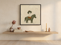 Child on a Pony Wall Art — Original Palette-Knife Oil, Olive & Rust — original hand-painted oil shown on the wall in a styled room