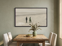 Two Figures on a Beach Wide Wall Art — Original Oil, Sage Green & Misty Grey — original hand-painted oil shown on the wall in a styled room
