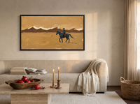 Lone Rider and Mountain Ridge Wide Wall Art — Original Palette-Knife Oil, Navy & Golden Ochre — original hand-painted oil shown on the wall in a styled room