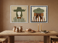 Cowgirls Turning Toward Each Other — Set of 2 Original Oils, Olive & Sienna — original hand-painted oil shown on the wall in a styled room
