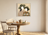 Two Ladies in Olive Hats Wall Art — Original Palette-Knife Oil, Olive & Cream — original hand-painted oil shown on the wall in a styled room