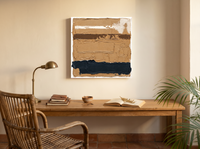 Horizontal Bands Abstract Wall Art — Original Palette-Knife Oil, Ochre & Navy — original hand-painted oil shown on the wall in a styled room