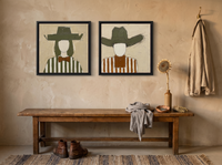 Cowgirl and Cowboy — Set of 2 Original Oils, Olive & Sienna — original hand-painted oil shown on the wall in a styled room
