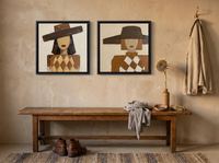 Red-Lipped Woman in a Wide Hat — Set of 2 Original Oils, Chocolate & Cream — original hand-painted oil shown on the wall in a styled room