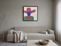Cowboy in a Wide Hat Wall Art — Original Palette-Knife Oil, Magenta & Cobalt — original hand-painted oil shown on the wall in a styled room