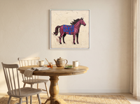 Standing Horse Wall Art — Original Palette-Knife Oil, Magenta & Cobalt — original hand-painted oil shown on the wall in a styled room
