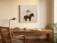 Child on a Pony Wall Art — Original Palette-Knife Oil, Chocolate & Straw — original hand-painted oil shown on the wall in a styled room