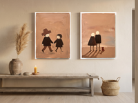 Couple Holding Hands & Couple at Dusk — Set of 2 Original Oils, Espresso & Terracotta — original hand-painted oil shown on the wall in a styled room