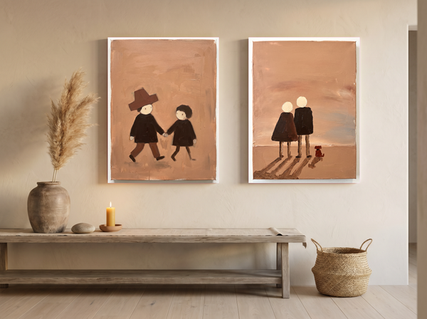 Couple Holding Hands & Couple at Dusk — Set of 2 Original Oils, Espresso & Terracotta