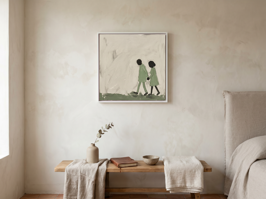 Couple Walking Together Wall Art — Original Oil, Sage & Cream