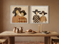 Women in Hats, Two Pairs — Set of 2 Original Oils, Chocolate & Rust — original hand-painted oil shown on the wall in a styled room