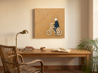 Cyclist Wall Art — Original Palette-Knife Oil, Navy & Ochre — original hand-painted oil shown on the wall in a styled room