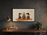 Three Women with Wine Wide Wall Art — Original Palette-Knife Oil, Chocolate & Cream — original hand-painted oil shown on the wall in a styled room