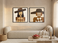 Red-Lipped Woman in a Wide Hat — Set of 2 Original Oils, Chocolate & Cream — original hand-painted oil shown on the wall in a styled room