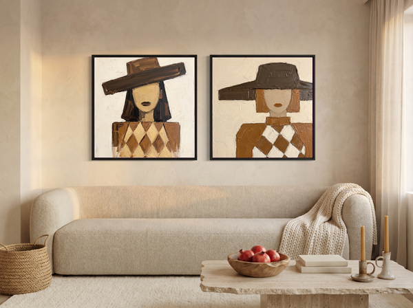 Red-Lipped Woman in a Wide Hat — Set of 2 Original Oils, Chocolate & Cream