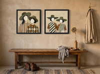 Women in Hats, Two Pairs — Set of 2 Original Oils, Olive & Cream — original hand-painted oil shown on the wall in a styled room