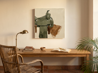 Western Saddle & Bandana Wall Art — Original Palette-Knife Oil, Olive & Sienna — original hand-painted oil shown on the wall in a styled room