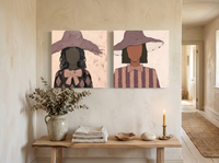 Two Women in Floppy Hats — Set of 2 Original Oils, Mauve & Rose — original hand-painted oil shown on the wall in a styled room