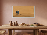 Couple Walking a Dog Wide Wall Art — Original Palette-Knife Oil, Golden Ochre & Navy — original hand-painted oil shown on the wall in a styled room
