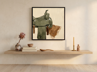 Western Saddle & Bandana Wall Art — Original Palette-Knife Oil, Olive & Sienna — original hand-painted oil shown on the wall in a styled room