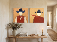 Cowboy Pair, Front & Back — Set of 2 Original Oils, Vermilion & Navy — original hand-painted oil shown on the wall in a styled room