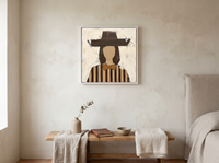 Lady in an Angular Brown Hat Wall Art — Original Palette-Knife Oil, Chocolate & Tan — original hand-painted oil shown on the wall in a styled room