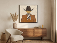 Cowboy from Behind Wall Art — Original Palette-Knife Oil, Brown & Cream — original hand-painted oil shown on the wall in a styled room