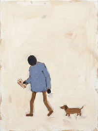 Oil painting of a man in a periwinkle-blue coat riding a bicycle to the left, the wheels two dark circles, on a pale oat-cream ground.