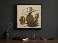 Cowboy in a Cactus Field Wall Art — Original Palette-Knife Oil, Olive & Rust — original hand-painted oil shown on the wall in a styled room
