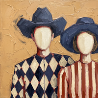 Original oil painting of a faceless cowboy and cowgirl in navy hats, the cowboy in a navy and cream harlequin shirt, the cowgirl in rust and cream stripes, on a golden ochre ground