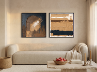 Arch & Bands — Set of 2 Original Oils, Ochre & Navy — original hand-painted oil shown on the wall in a styled room