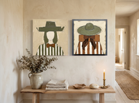 Cowgirls Turning Toward Each Other — Set of 2 Original Oils, Olive & Sienna — original hand-painted oil shown on the wall in a styled room