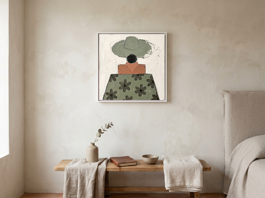 Lady in a Daisy Shirt Wall Art — Original Palette-Knife Oil, Sage & Terracotta