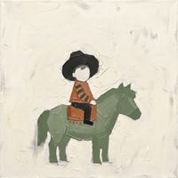 Original oil painting of a child in a black hat and rust striped shirt on a sage-green pony, heavy palette-knife texture on a cream ground
