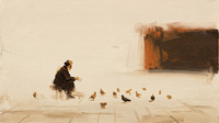 Original wide oil painting of a stooped old man in a dark brown coat feeding tan pigeons on a cream plaza, with a rust-and-brown temple block at the right edge