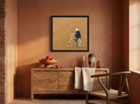 Cyclist Wall Art — Original Palette-Knife Oil, Navy & Ochre — original hand-painted oil shown on the wall in a styled room