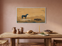 Standing and Resting Horses Wide Wall Art — Original Palette-Knife Oil, Navy & Golden Ochre — original hand-painted oil shown on the wall in a styled room